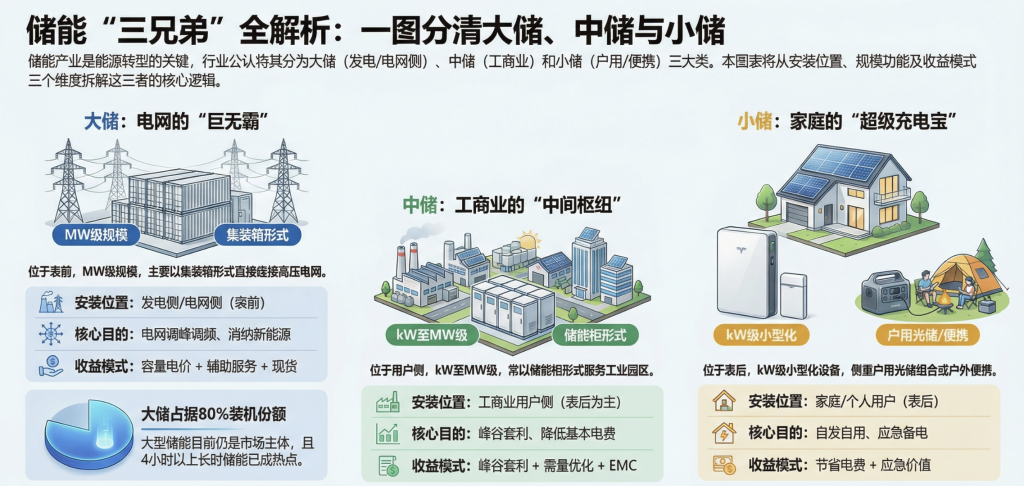 储能入门必看｜ ① 一图分清大储、中储、小储-熵减岛